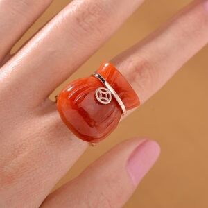 Red Jade (D) 42.00 ctw Hand Carved Money Bag Ring in 18K Vermeil Rose Gold Over